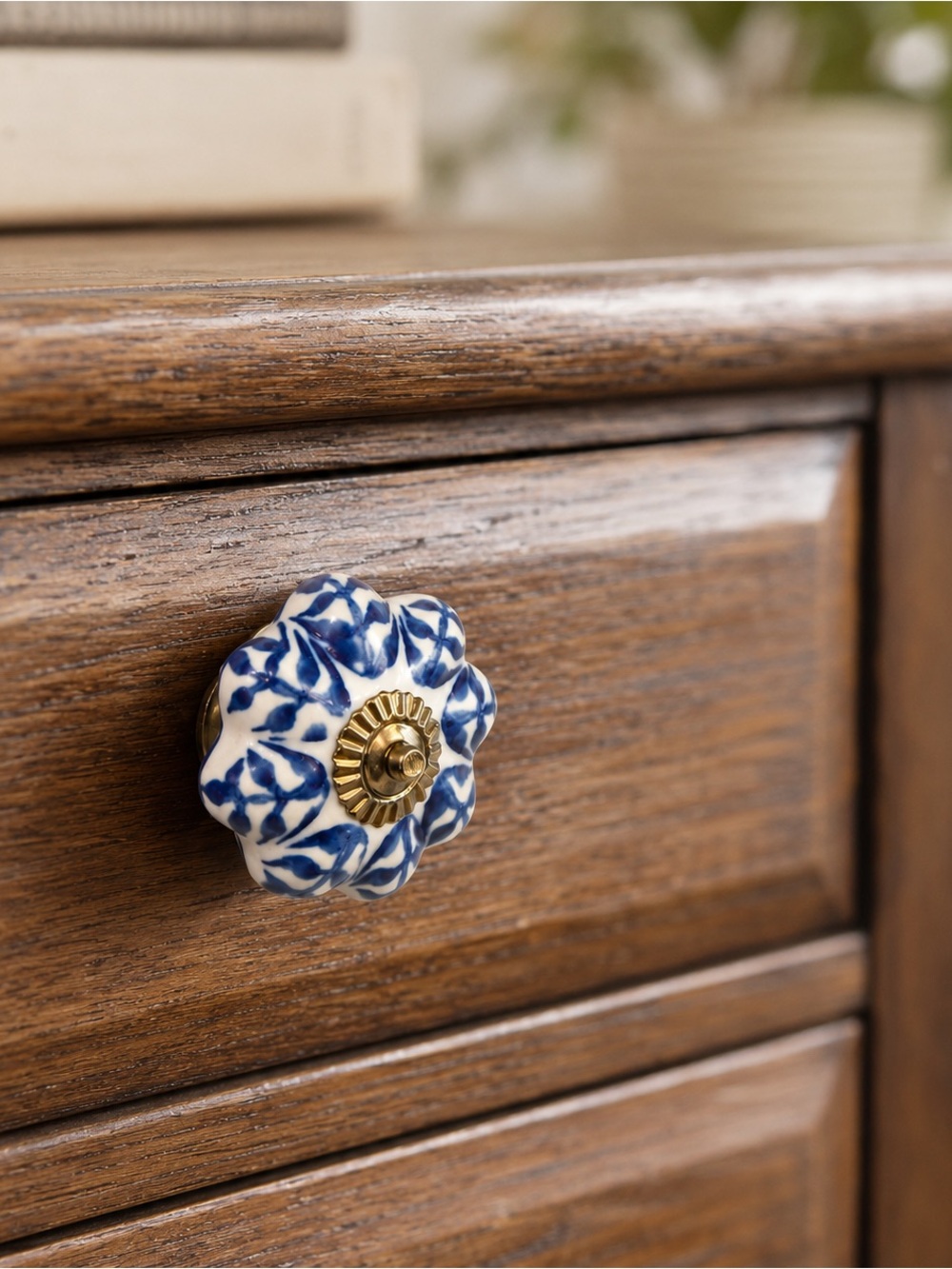Blue and White Ceramic Floral Cabinet Knob with Silver Accent